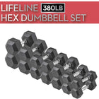 LifeLine Hex Rubber Dumbbell Set, 150lbs, 200 lbs, 380lbs & 550lbs