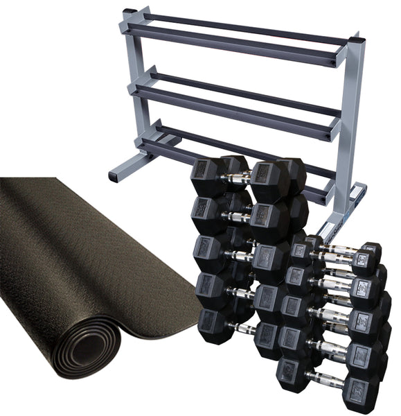 Body Solid SDRS550 Rubber Coated Hex Dumbbell Package w Rack And Rubb eGymWarehouse