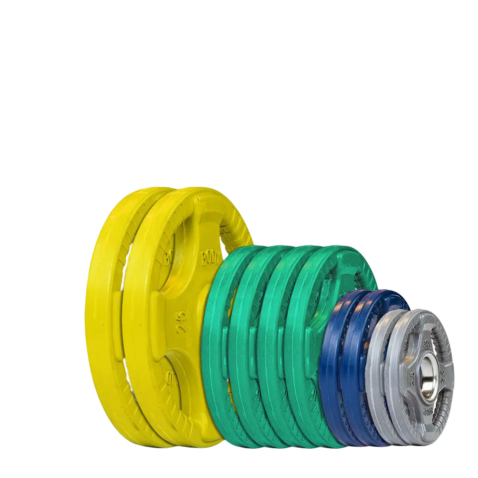 ORC Rubber Color Grip 2" Olympic Plates with color-coded grips in yellow, green, blue, and silver
