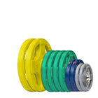 ORC Rubber Color Grip 2" Olympic Plates with color-coded grips in yellow, green, blue, and silver