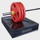 Red weight plates on a black crash pads with a white background
