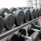 A close-up row of black rubber dumbbells on a gray rack