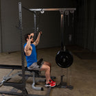 A man in a blue tank top and gray shorts performs a cable pull-through exercise on a black and silver cable crossover machine in a gym setting.