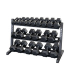 Black hexagonal dumbbells on a Body Solid GDR48B 3-Tier Dumbbell Rack