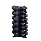 Set of black hexagonal dumbbells on Body Solid GDR80 Vertical Dumbbell Rack