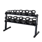 A black metal kettlebell rack holding two rows of kettlebells in various weights, shown on a plain white background.
