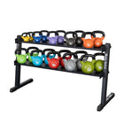 Kettlebell set with a black rack on a white background