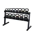 Black kettlebell rack with multiple kettlebells on a white background
