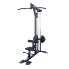 A black cable pulley gym machine with a seat, foot platform, weight stack, and overhead pull-up bar, shown on a white background.