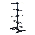 Black metal tire rack on a white background
