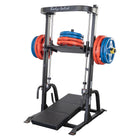 Weight lifting rack with weight plates on a white background