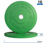 Green body solid 10 lb weight plates stacked on a white background, with dimension callouts showing 1 inch thickness and 17.7 inch diameter.