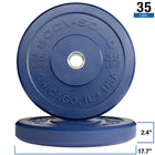 Two blue Body-Solid 35 lbs weight plates stacked on a white background, with one plate upright showing embossed branding and size markings, and the other lying flat. White measurement callouts indicate 2.