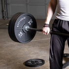 Person lifting a barbell with weight plates in a gym setting