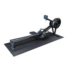 A black and dark gray rowing machine labeled ENDURANCE, shown on a black Body Solid RF38R Vinyl Rower Mat against a plain white background.