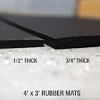 Close-up of two black rubber mats showing thickness options labeled 1/2" thick and 3/4" thick, with text at the bottom reading 4' x 3' rubber mats.
