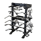 Gym equipment rack with various bars on a white background, branded 'Body-Solid'.