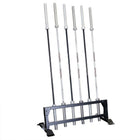 Set of barbells on a black metal stand against a white background