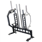 Gym equipment rack with various bars on a white background