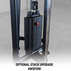Close-up of a cable machine weight stack upgrade with black weight plates and a red release button, shown on a gym floor with text reading 'OPTIONAL STACK UPGRADE #WSP200'.