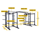 Fitness power rack with labeled components on a white background