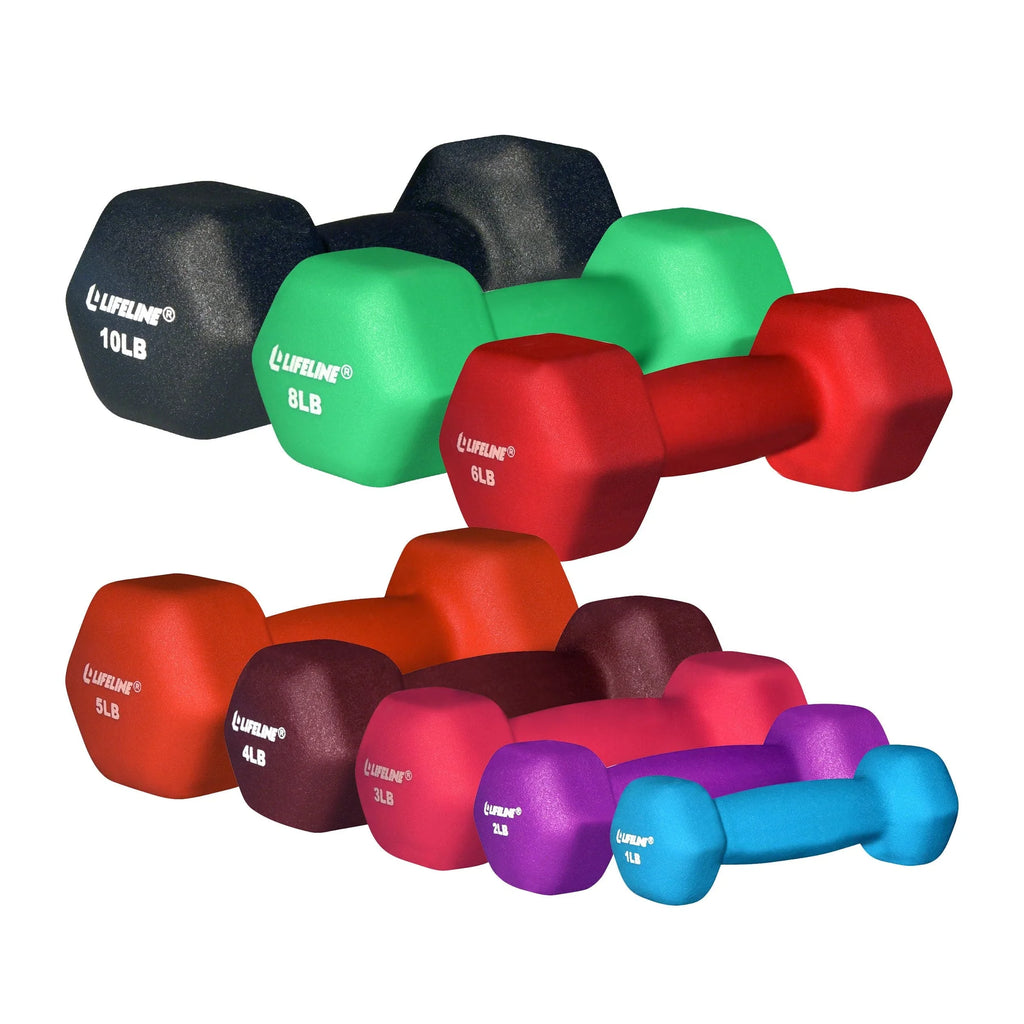 LifeLine 1LB - 6LB - 8LB - 10LB Hex Neoprene Dumbbell Set