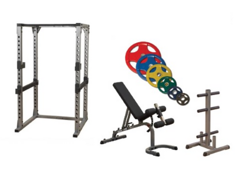 Body-Solid Pro Power Rack w/Bench, ORCT255 Plate Set & Weight Tree Package