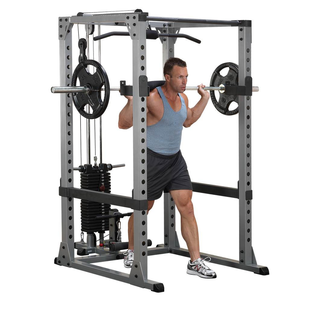 Body-Solid Power Rack w/Bench, Weight Set, Lat & Dip Attach and Weight Tree Package