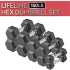 LifeLine Hex Rubber Dumbbell Set, 150lbs, 200 lbs, 380lbs & 550lbs