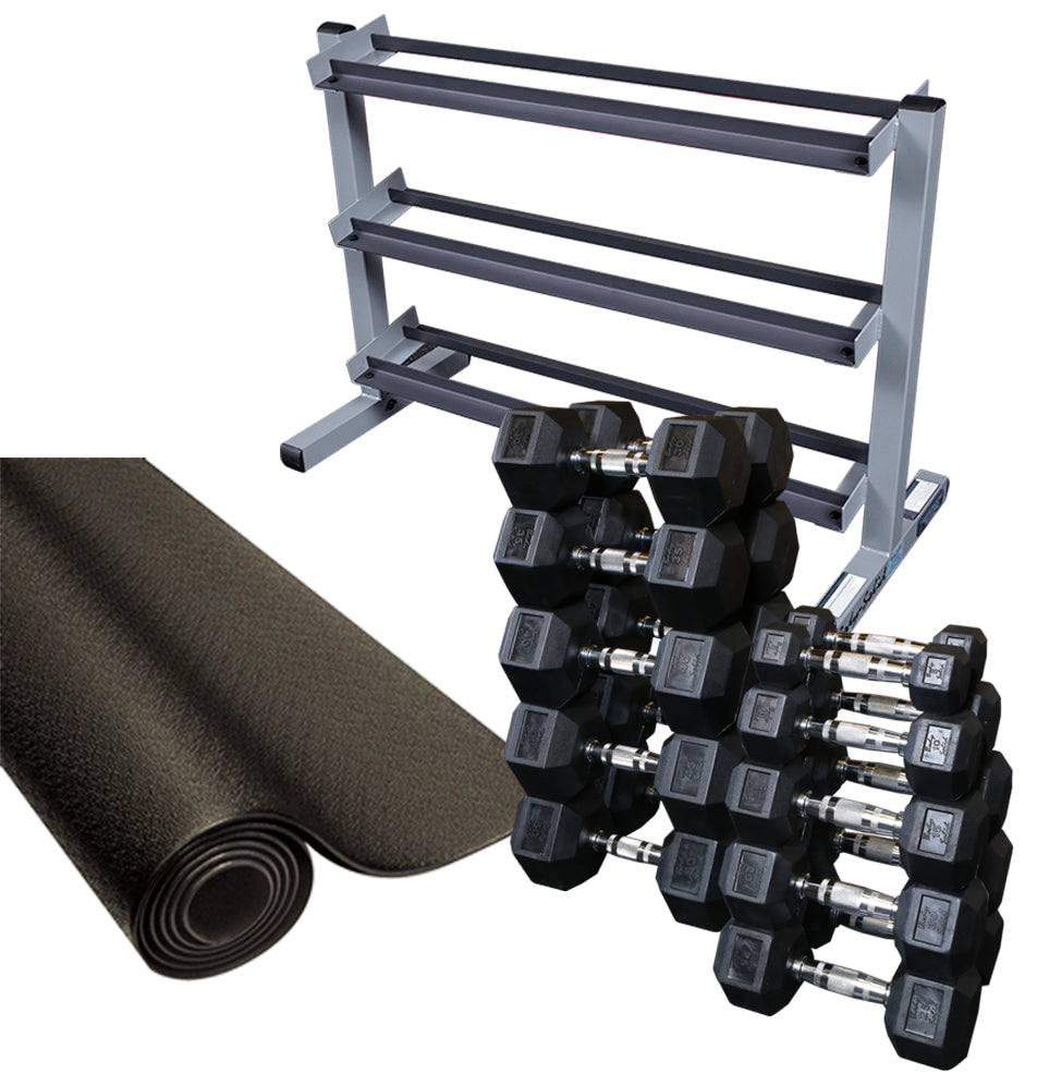 Body Solid SDRS550 Rubber Coated Hex Dumbbell Package w/ Rack And Rubber Mat