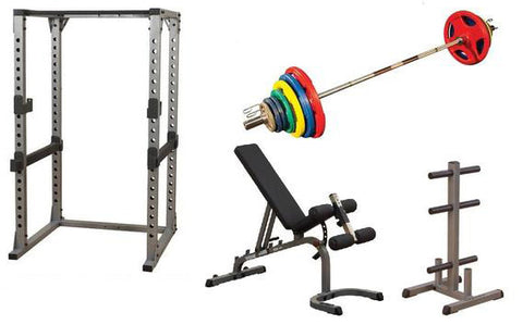 Body-Solid Pro Power Rack w/Bench, ORC300S Plate Set & Weight Tree Package